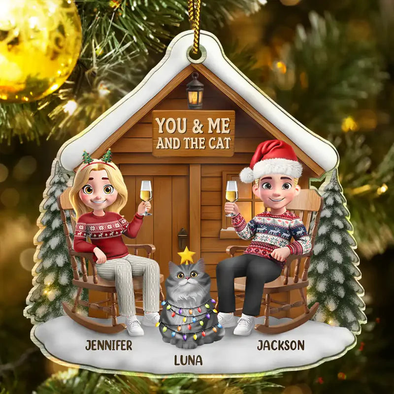 You & Me And The Cat 3D Effect Couple - Personalized Custom Shaped Acrylic Ornament