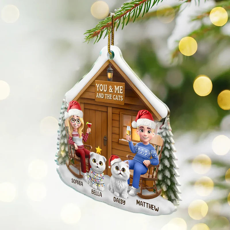 You & Me And The Cat 3D Effect Couple - Personalized Custom Shaped Acrylic Ornament