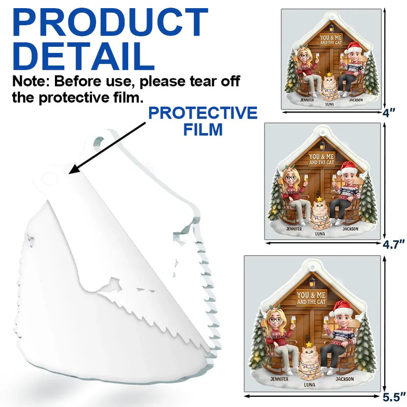 You & Me And The Cat 3D Effect Couple - Personalized Custom Shaped Acrylic Ornament