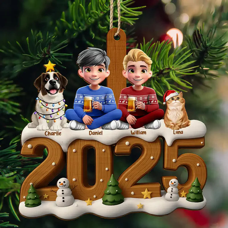 3D Effect Christmas Family And Dog Cat - Personalized Custom Shaped Wooden Ornament