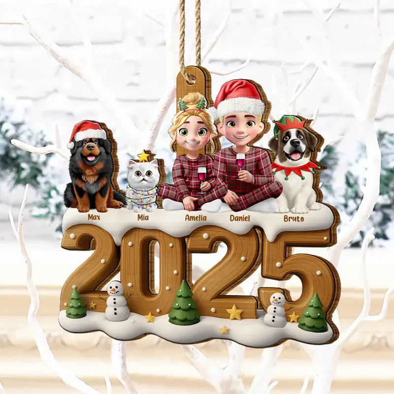 3D Effect Christmas Family And Dog Cat - Personalized Custom Shaped Wooden Ornament