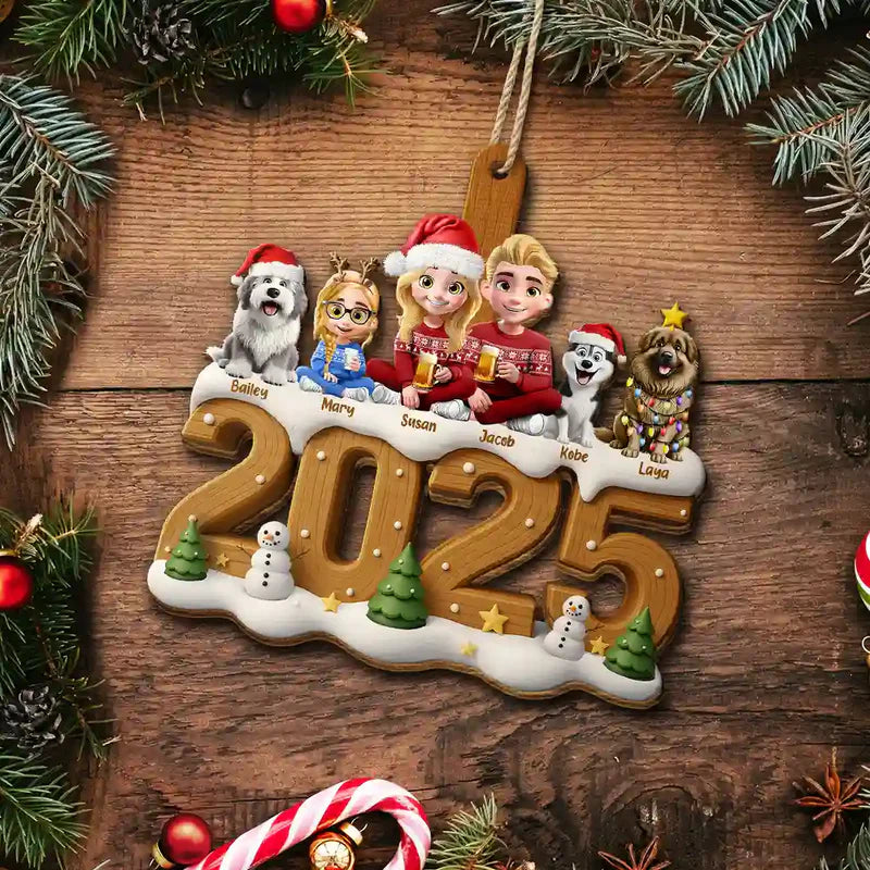 3D Effect Christmas Family And Dog Cat - Personalized Custom Shaped Wooden Ornament